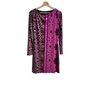 AnaLili Womens Long Sleeve Geometric Print Dress, Burgundy/Pink, Size Med